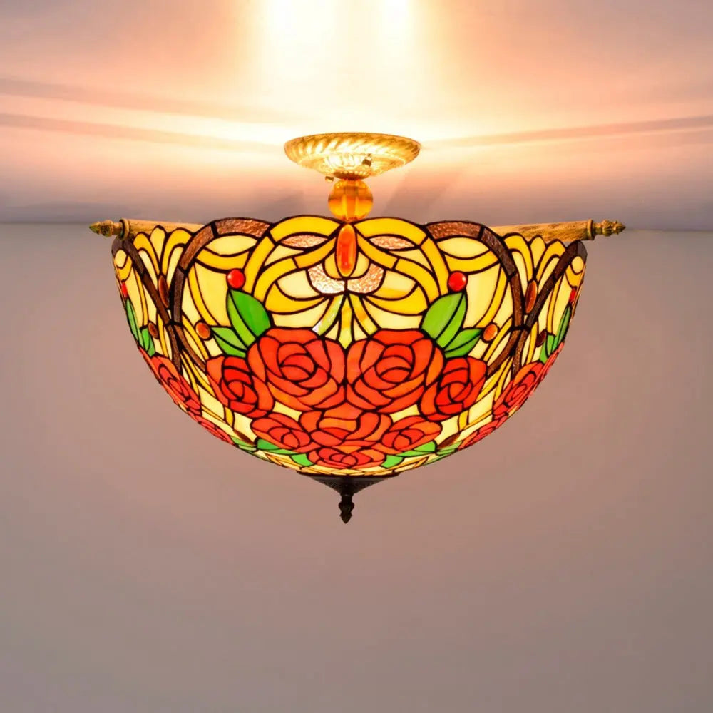 Dia55cm Vintage Stained Glass Rose Lampshade Tiffany Flush Mount Ceiling Light - CTL