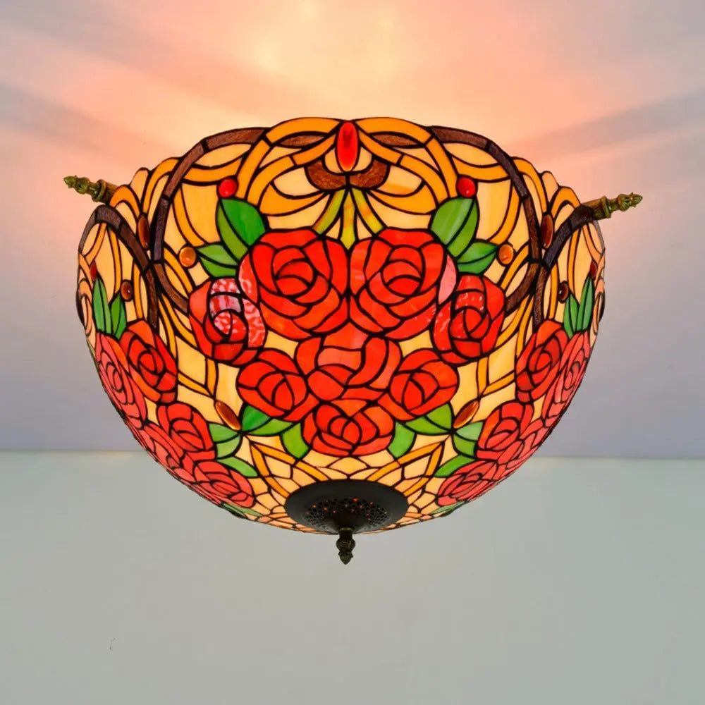 Dia55cm Vintage Stained Glass Rose Lampshade Tiffany Flush Mount Ceiling Light - CTL