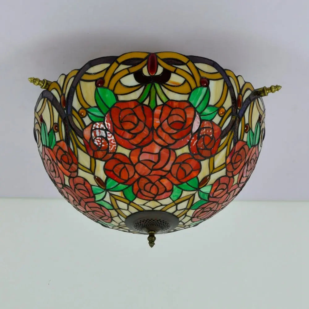 Dia55cm Vintage Stained Glass Rose Lampshade Tiffany Flush Mount Ceiling Light - CTL