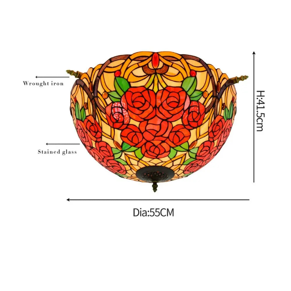 Dia55cm Vintage Stained Glass Rose Lampshade Tiffany Flush Mount Ceiling Light - CTL