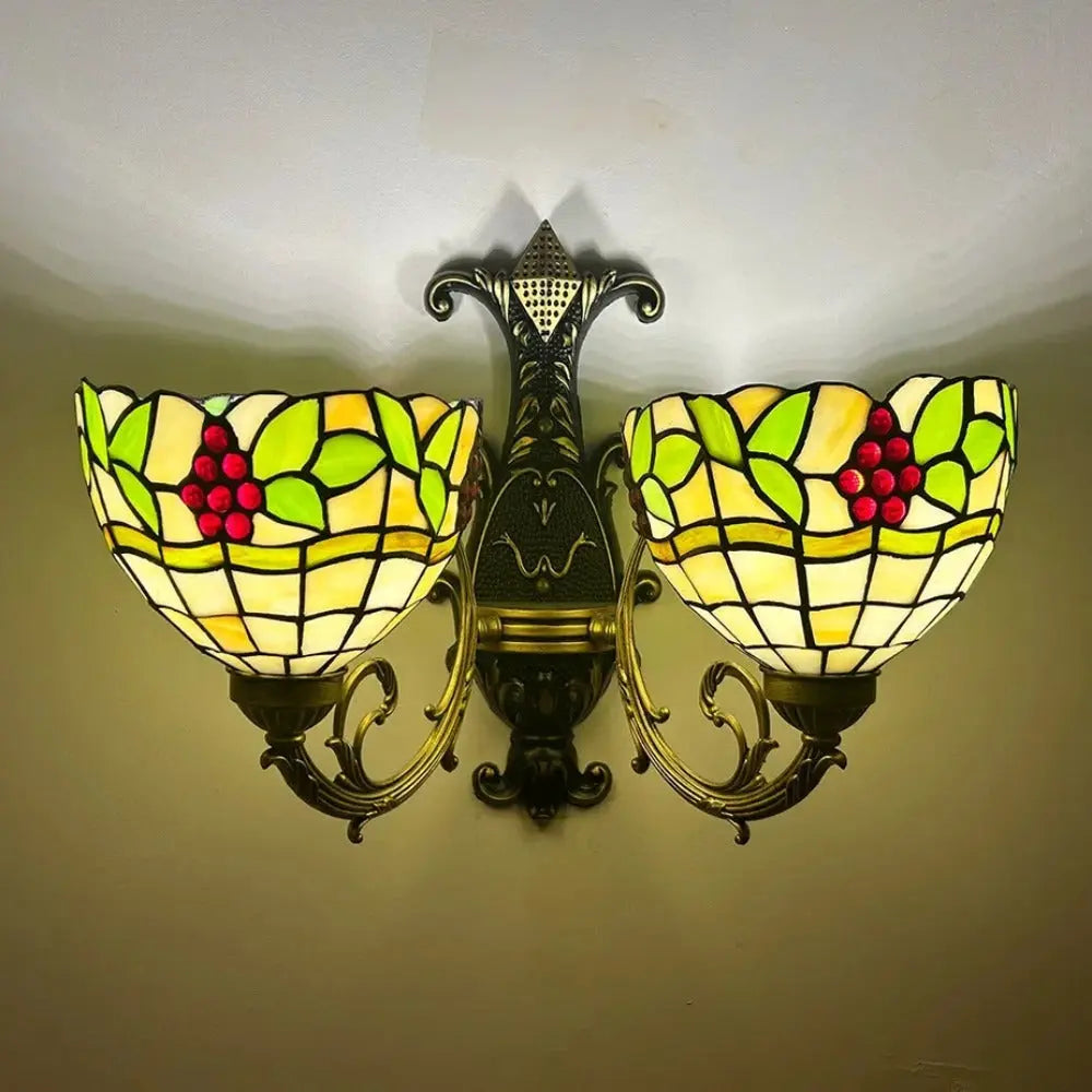 Double Head Stained Glass Grape Floral Lampshade Tiffany Wall Lamps Two Light Sconce - CTL