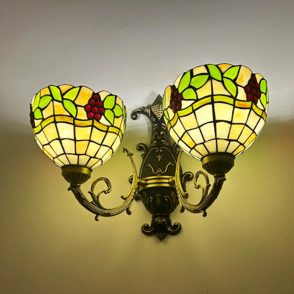 Double Head Stained Glass Grape Floral Lampshade Tiffany Wall Lamps Two Light Sconce - CTL