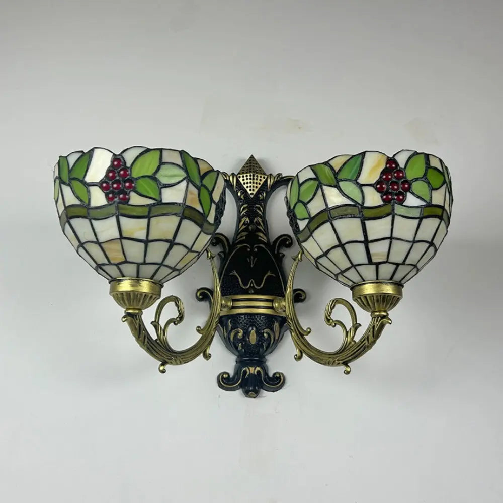 Double Head Stained Glass Grape Floral Lampshade Tiffany Wall Lamps Two Light Sconce - CTL