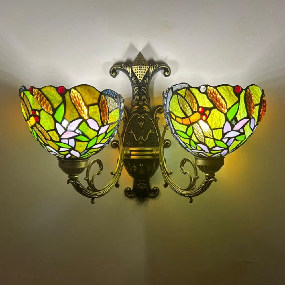Double Arm Wall Sconce Stained Glass Flower Lampshade Tiffany Wall Lamps - CTL