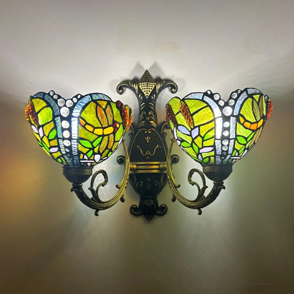 Double Arm Wall Sconce Stained Glass Flower Lampshade Tiffany Wall Lamps - CTL