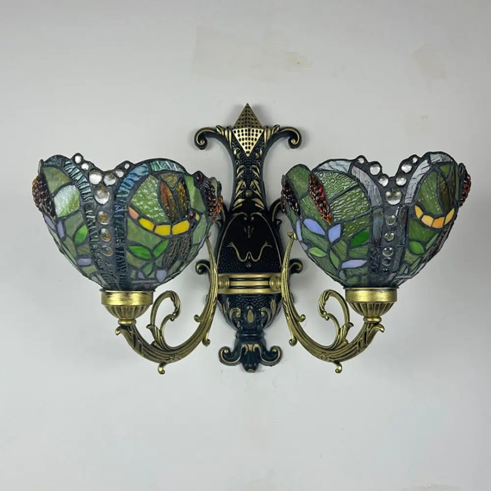 Double Arm Wall Sconce Stained Glass Flower Lampshade Tiffany Wall Lamps - CTL