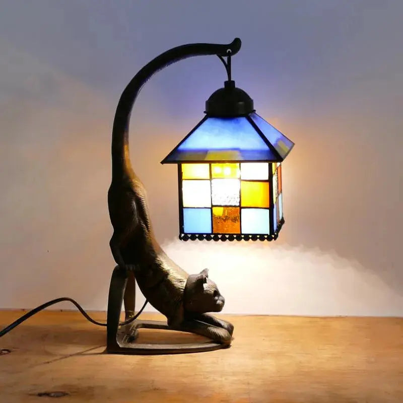 Mini Tiffany Style Lamp Stained Glass Lampshade Vintage Table Light - CTL