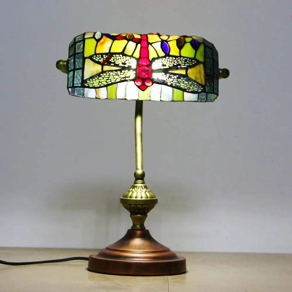 Retro Tiffany Reading Lamp Stained Glass Dragonfly Lampshade Banker Light - CTL