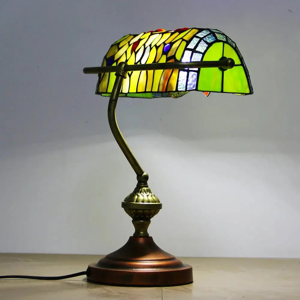Retro Tiffany Reading Lamp Stained Glass Dragonfly Lampshade Banker Light - CTL