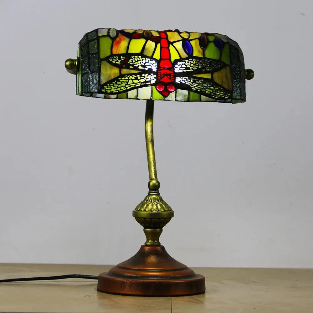 Retro Tiffany Reading Lamp Stained Glass Dragonfly Lampshade Banker Light - CTL