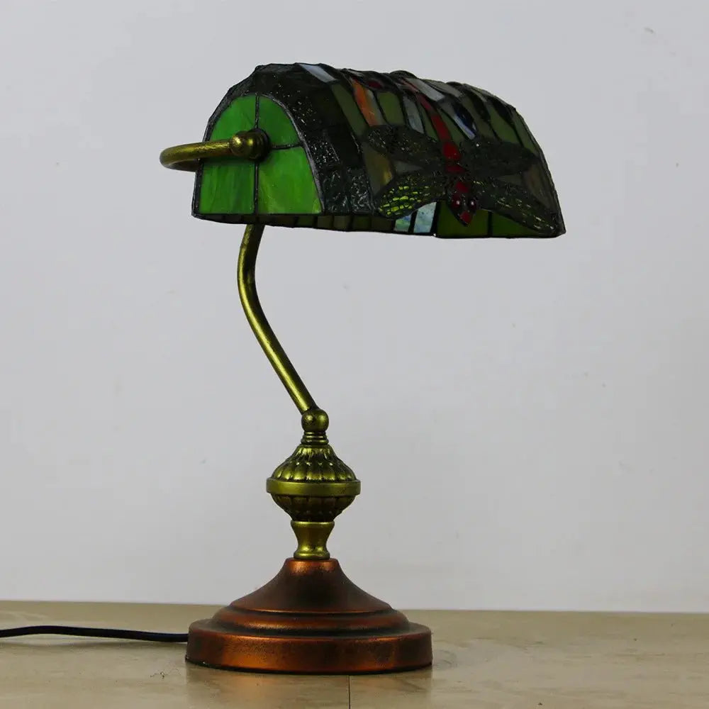 Retro Tiffany Reading Lamp Stained Glass Dragonfly Lampshade Banker Light - CTL
