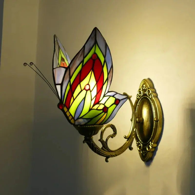 Retro Tiffany Style Butterfly Lamp Stained Glass Lampshade Vintage Wall Sconce - CTL