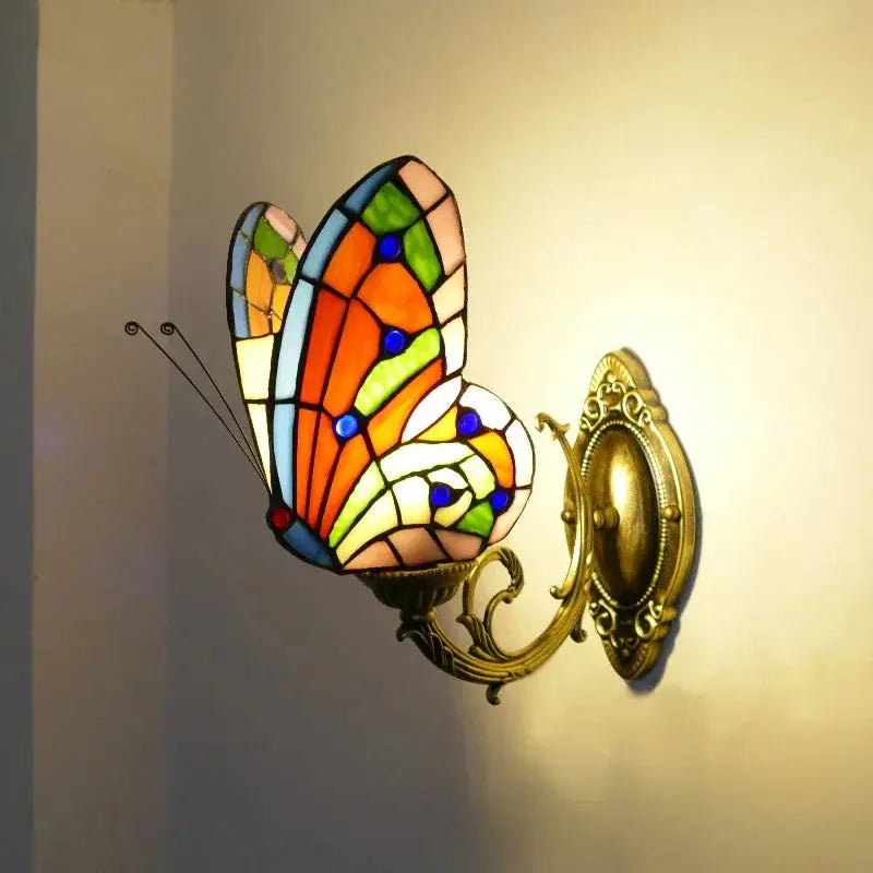Retro Tiffany Style Butterfly Lamp Stained Glass Lampshade Vintage Wall Sconce - CTL
