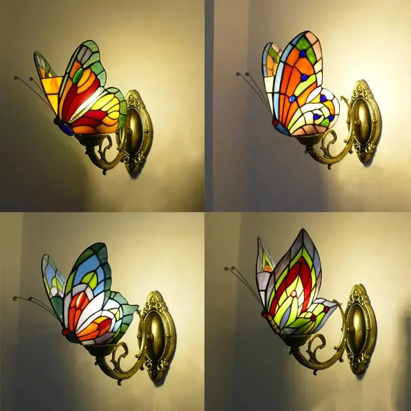 Retro Tiffany Style Butterfly Lamp Stained Glass Lampshade Vintage Wall Sconce - CTL