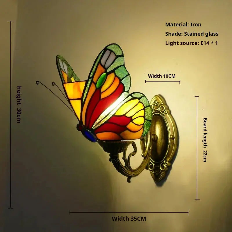 Retro Tiffany Style Butterfly Lamp Stained Glass Lampshade Vintage Wall Sconce - CTL