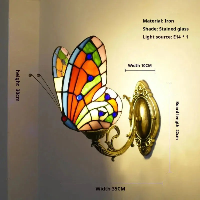 Retro Tiffany Style Butterfly Lamp Stained Glass Lampshade Vintage Wall Sconce - CTL