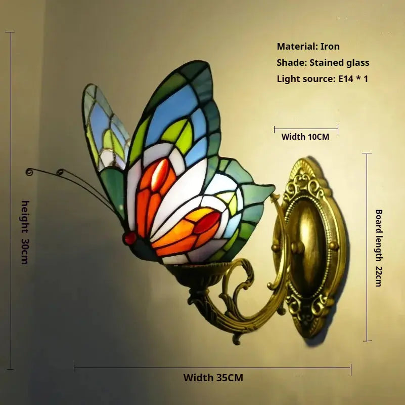 Retro Tiffany Style Butterfly Lamp Stained Glass Lampshade Vintage Wall Sconce - CTL