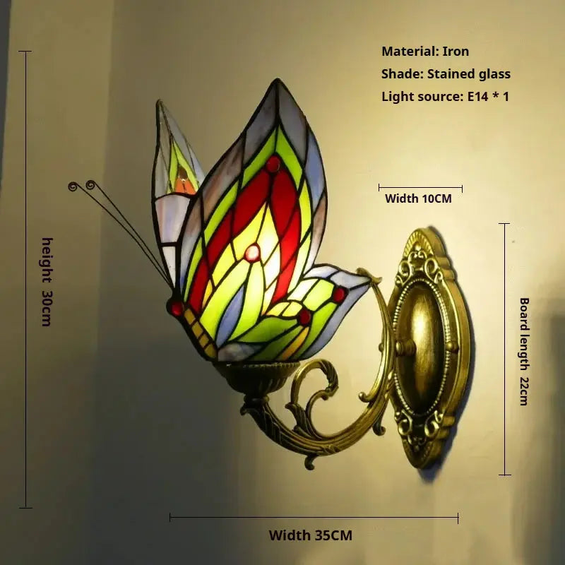 Retro Tiffany Style Butterfly Lamp Stained Glass Lampshade Vintage Wall Sconce - CTL