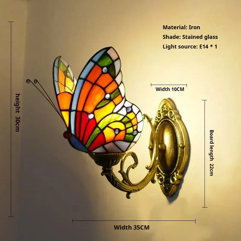 Retro Tiffany Style Butterfly Lamp Stained Glass Lampshade Vintage Wall Sconce - CTL