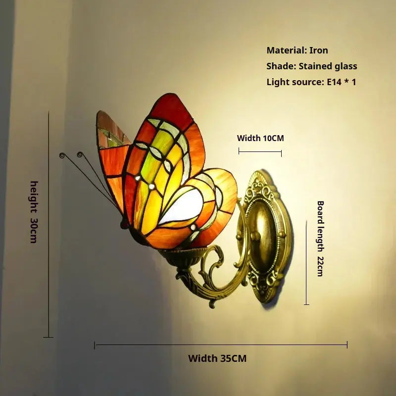 Retro Tiffany Style Butterfly Lamp Stained Glass Lampshade Vintage Wall Sconce - CTL