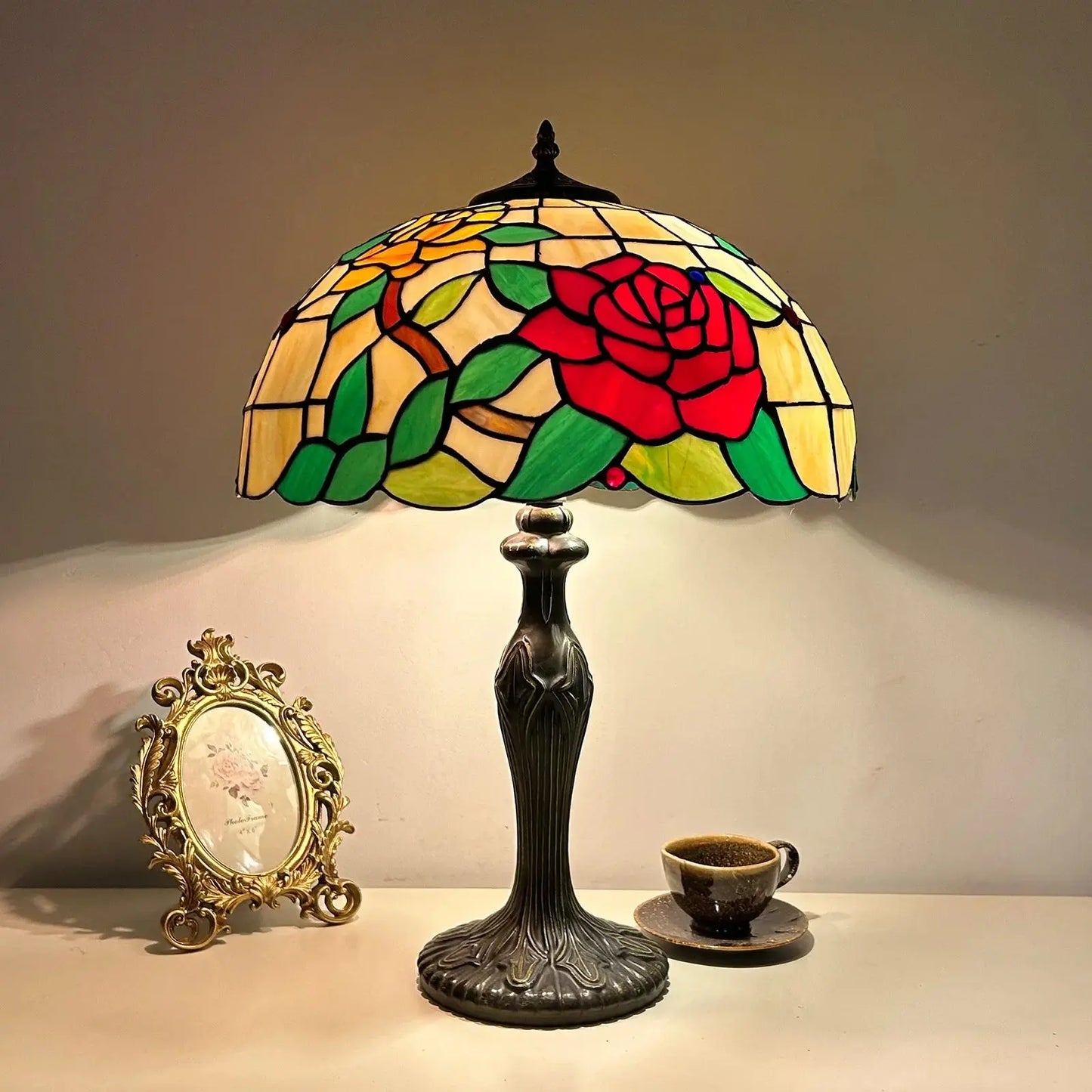 16inch Luxury Stained Glass Cattle Flowers Floral Lampshade Tiffany Vintage Table Lamp - CTL