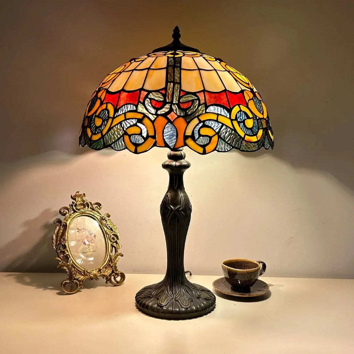 16inch Luxury Stained Glass Cattle Flowers Floral Lampshade Tiffany Vintage Table Lamp - CTL