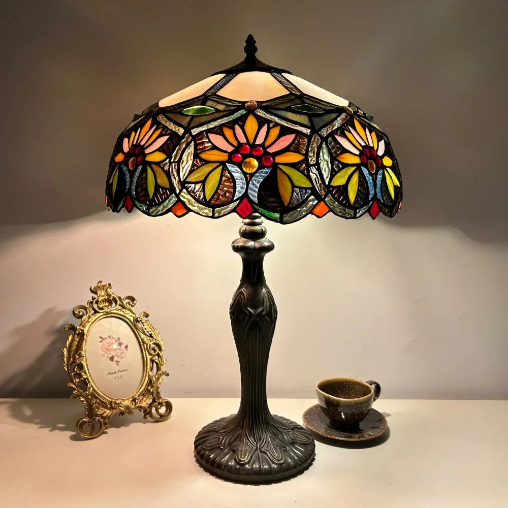 16inch Luxury Stained Glass Cattle Flowers Floral Lampshade Tiffany Vintage Table Lamp - CTL