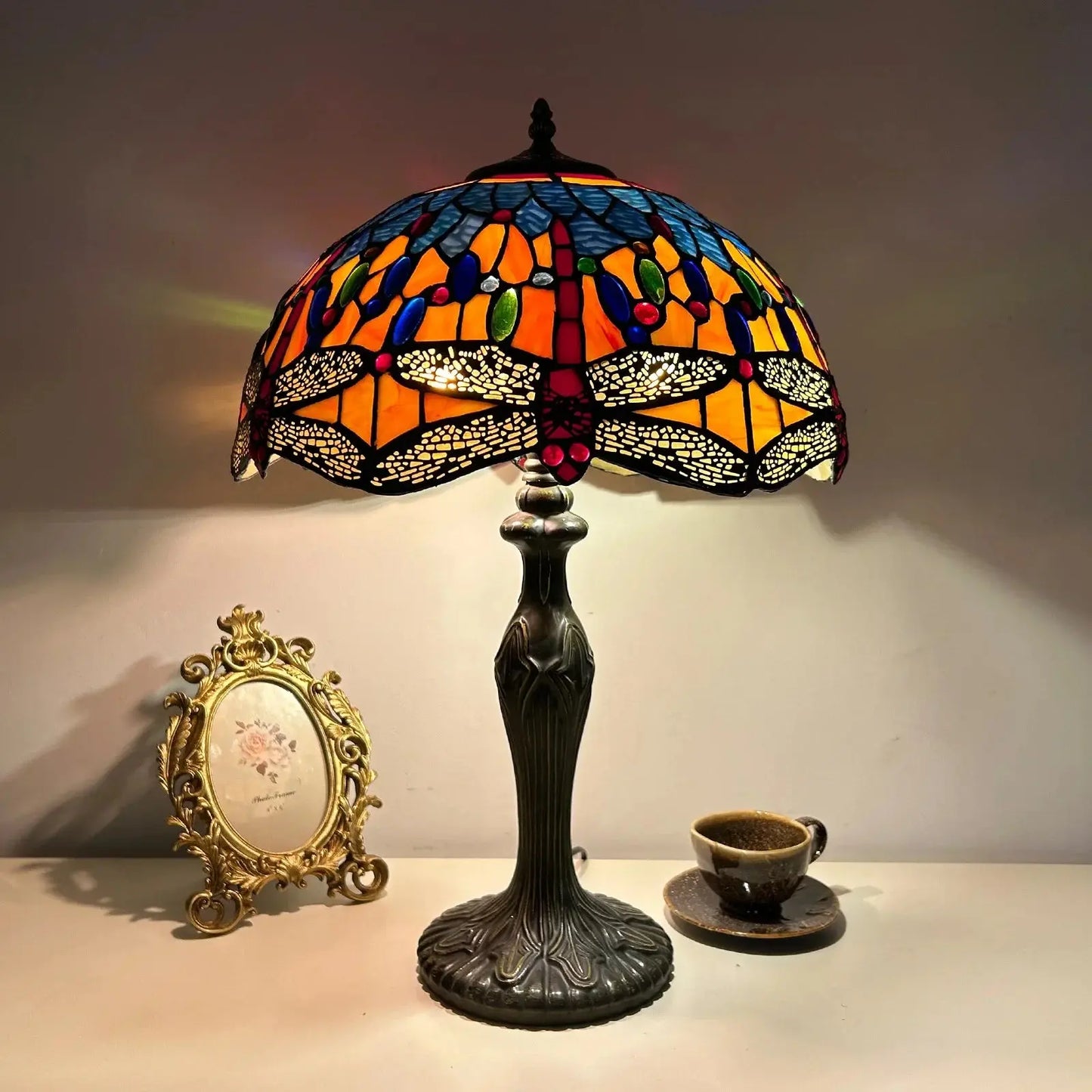 16inch Luxury Stained Glass Cattle Flowers Floral Lampshade Tiffany Vintage Table Lamp - CTL