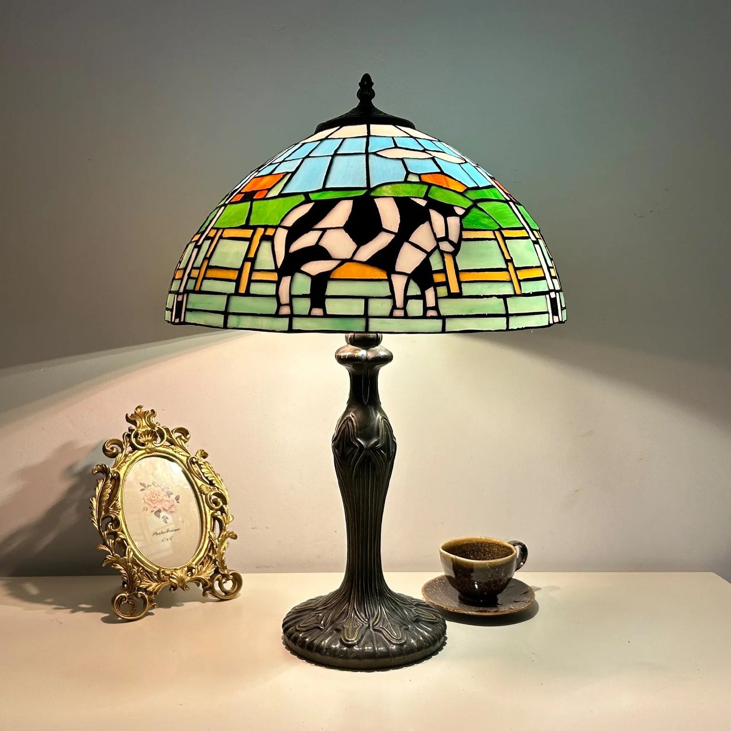 16inch Luxury Stained Glass Cattle Flowers Floral Lampshade Tiffany Vintage Table Lamp - CTL