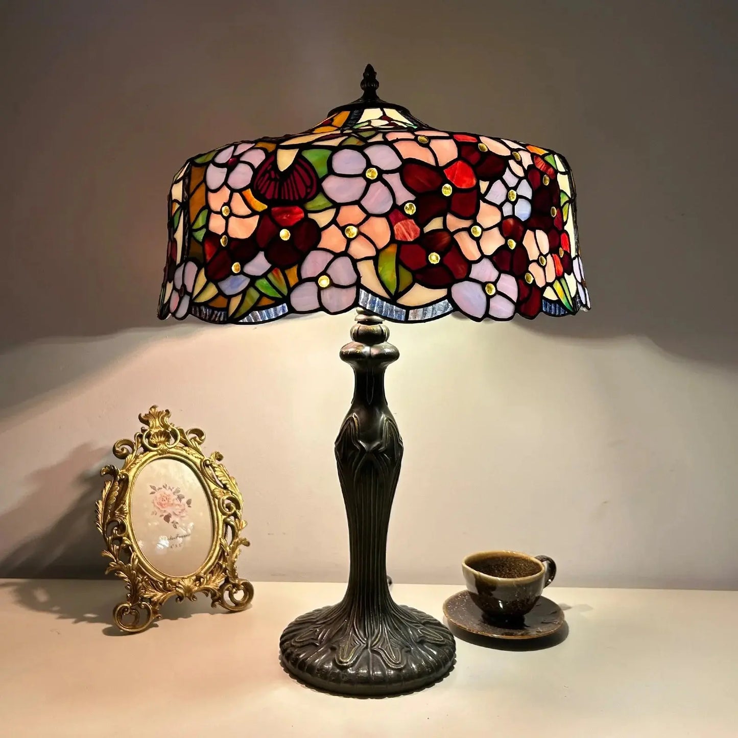 16inch Luxury Stained Glass Cattle Flowers Floral Lampshade Tiffany Vintage Table Lamp - CTL