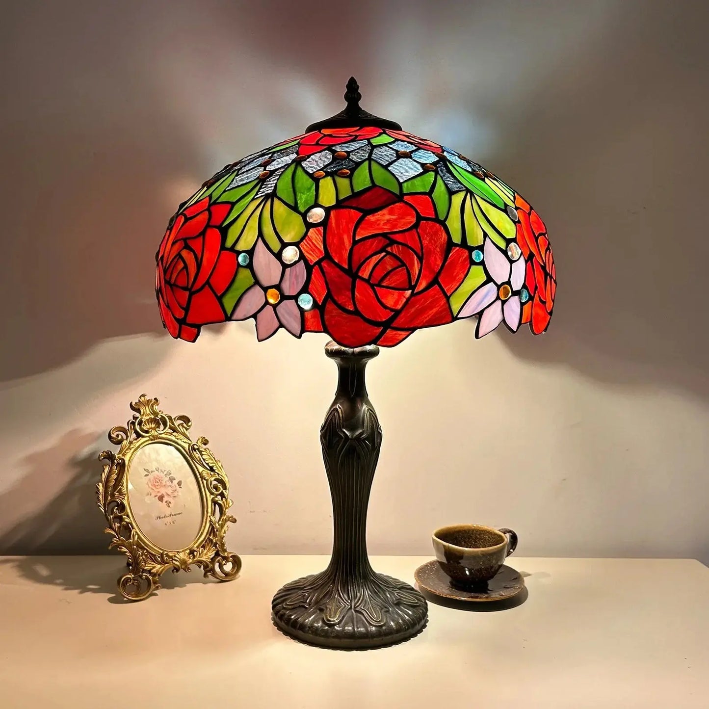 16inch Luxury Stained Glass Cattle Flowers Floral Lampshade Tiffany Vintage Table Lamp - CTL