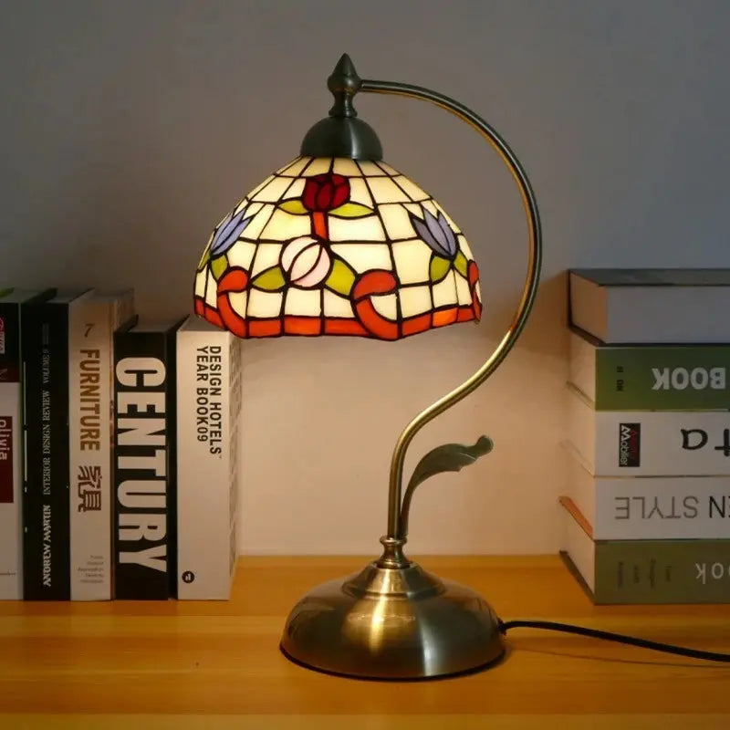 8inch Stained Glass Flowers Lampshade Vintage Curved Bedside Light Tiffany Desk Lamp - CTL