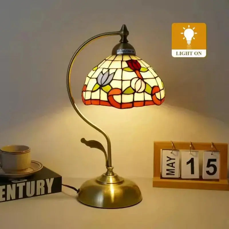 8inch Stained Glass Flowers Lampshade Vintage Curved Bedside Light Tiffany Desk Lamp - CTL