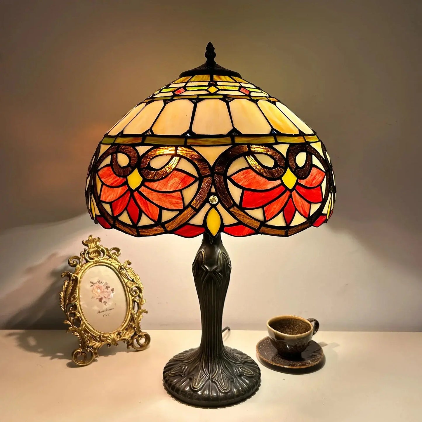 16inch Luxury Stained Glass Cattle Flowers Floral Lampshade Tiffany Vintage Table Lamp - CTL