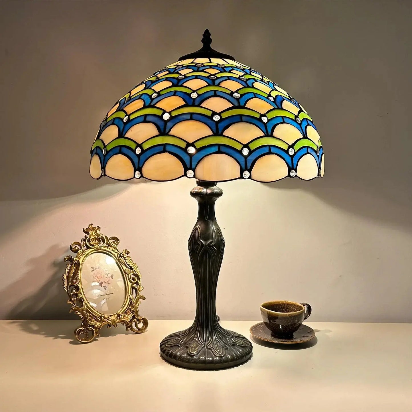 16inch Luxury Stained Glass Cattle Flowers Floral Lampshade Tiffany Vintage Table Lamp - CTL