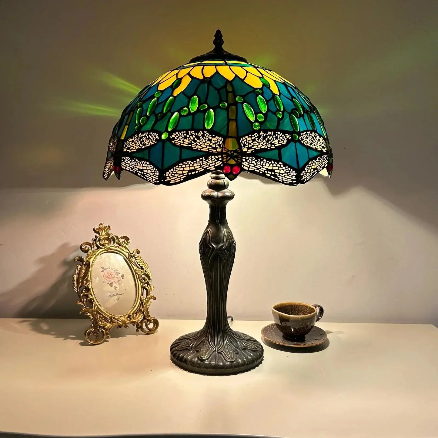 16inch Luxury Stained Glass Cattle Flowers Floral Lampshade Tiffany Vintage Table Lamp - CTL