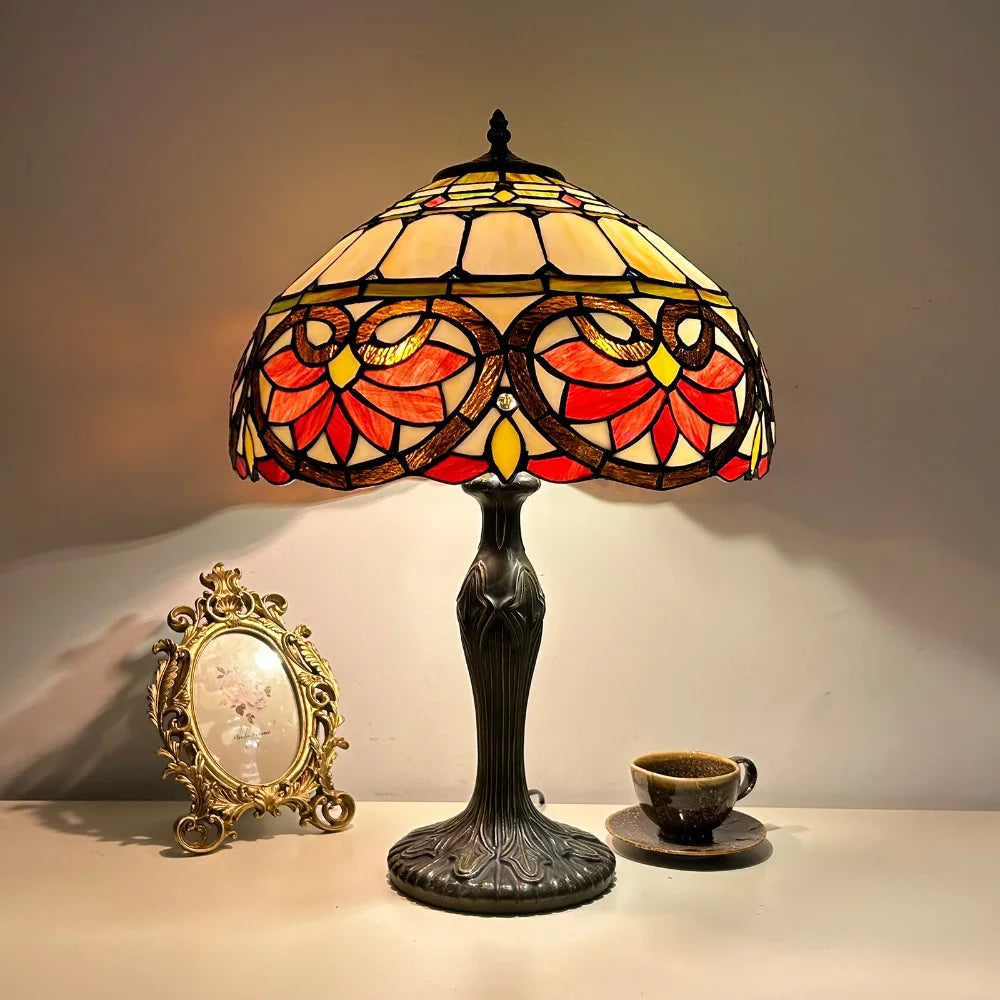 16inch Luxury Stained Glass Cattle Flowers Floral Lampshade Tiffany Vintage Table Lamp - CTL