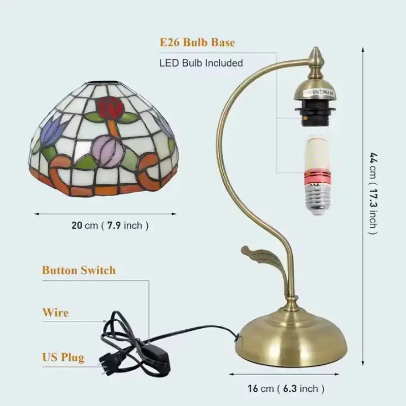 8inch Stained Glass Flowers Lampshade Vintage Curved Bedside Light Tiffany Desk Lamp - CTL