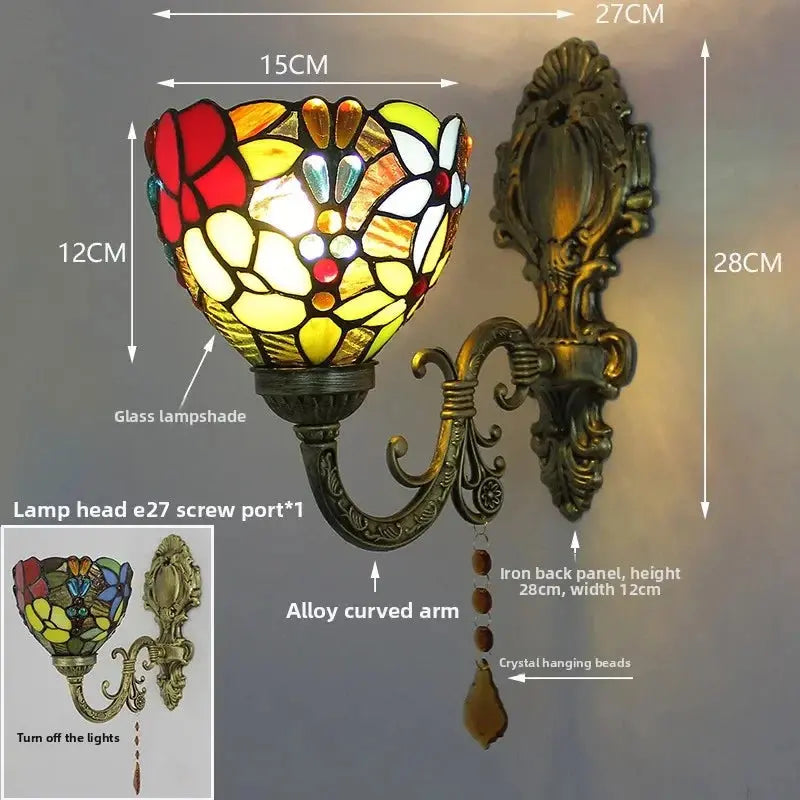 Small Stained Glass Pastoral Grapes Floral Lampshade Vintage Tiffany Style Sconces - CTL