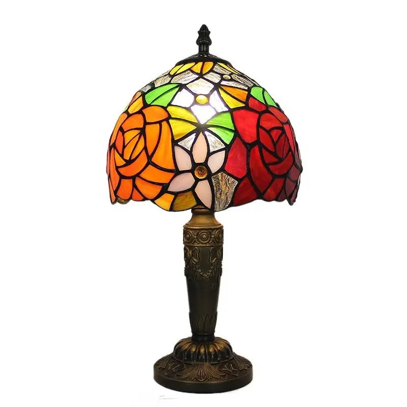 Small Tiffany Type Table Lamps with Stained Glass Rose Flower Lampshade - CTL