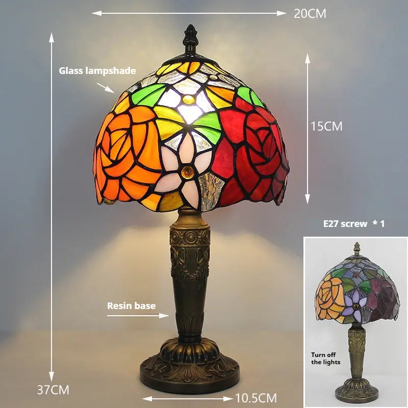 Small Tiffany Type Table Lamps with Stained Glass Rose Flower Lampshade - CTL