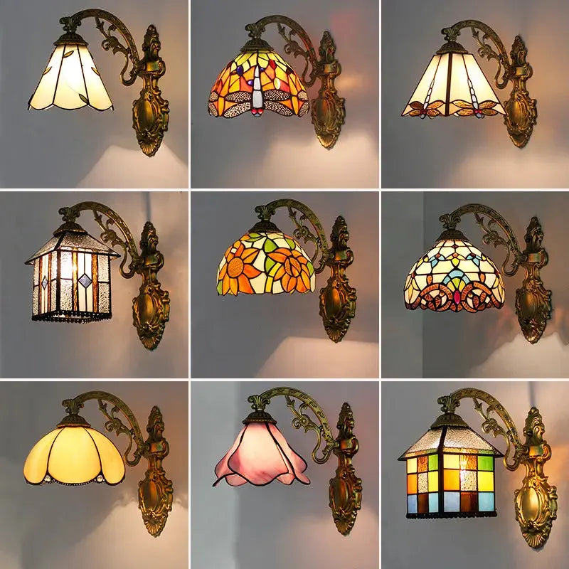 Small Tiffany Wall Lights Pastoral Floral Lampshade Handmade Vintage Sconce - CTL