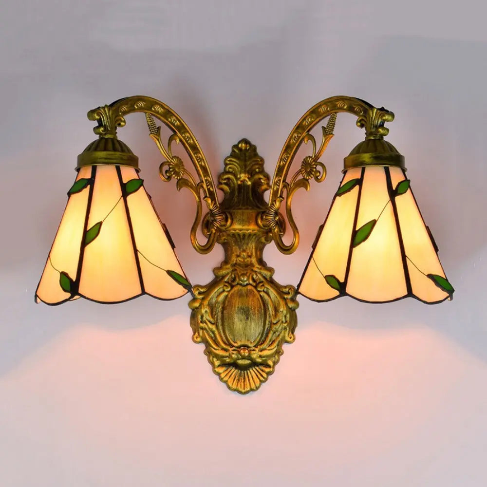 2 Light Outdoor Wall Light Stained Glass Lampshade Tiffany Two Arm Sconce - CTL