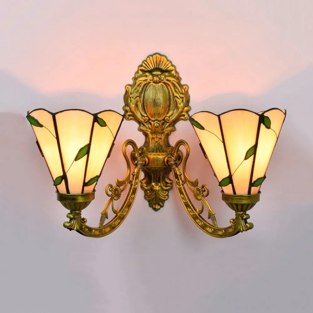 2 Light Outdoor Wall Light Stained Glass Lampshade Tiffany Two Arm Sconce - CTL