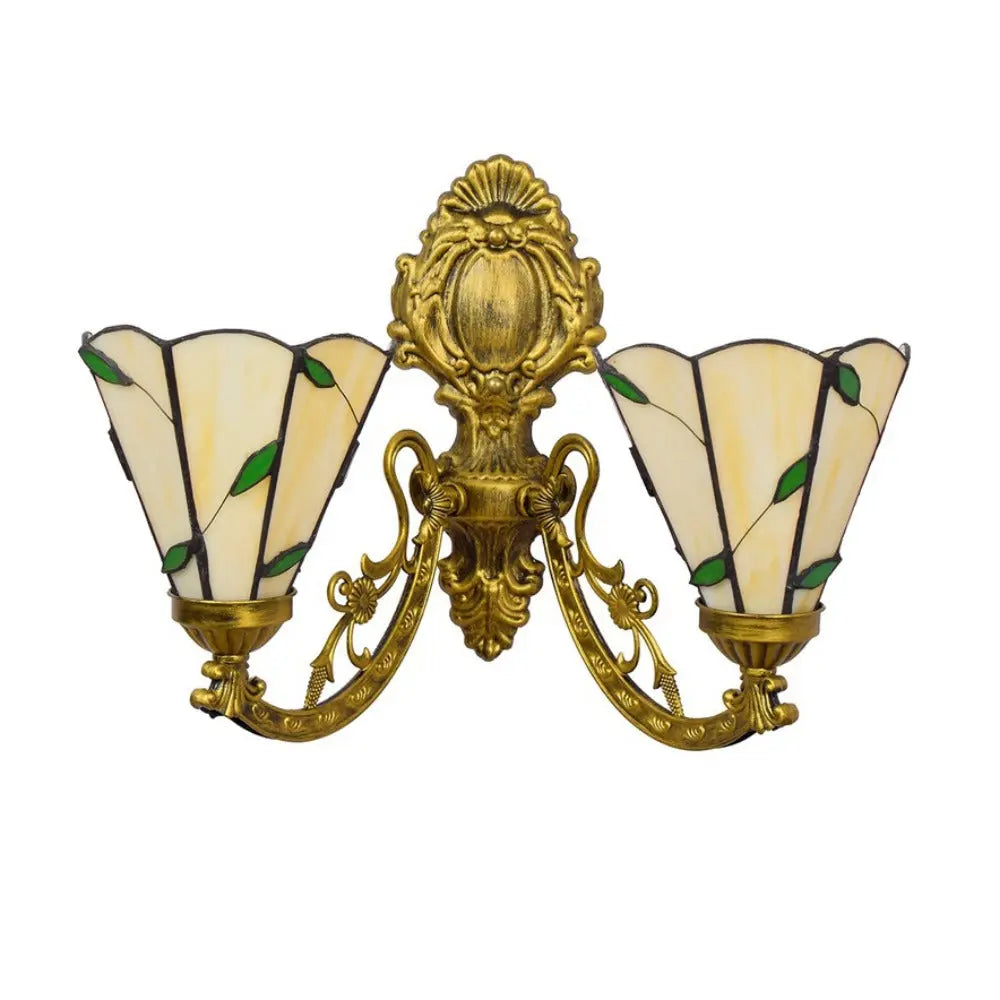 2 Light Outdoor Wall Light Stained Glass Lampshade Tiffany Two Arm Sconce - CTL