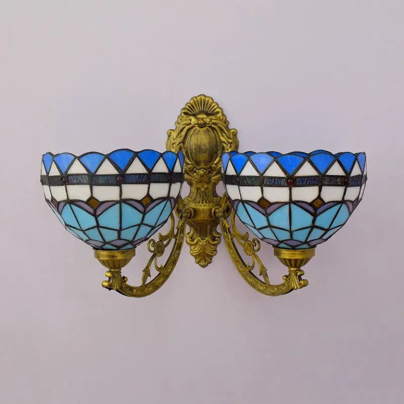 Stained Glass Blue Lampshade Double Head Wall Lamp Tiffany Wall Sconce - CTL