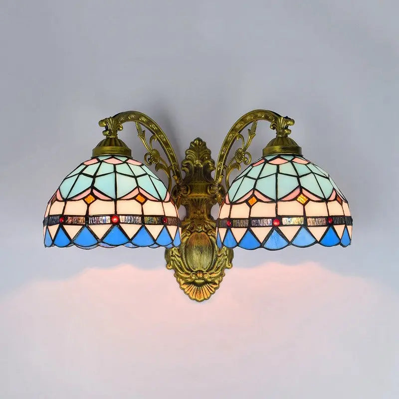 Stained Glass Blue Lampshade Double Head Wall Lamp Tiffany Wall Sconce - CTL
