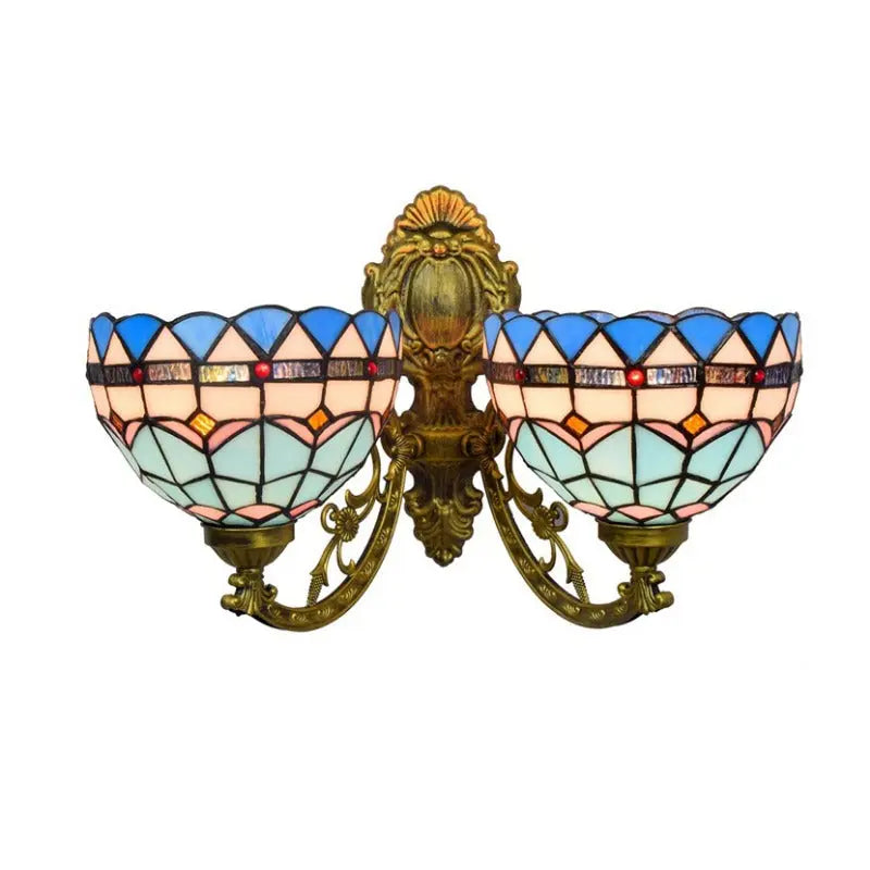 Stained Glass Blue Lampshade Double Head Wall Lamp Tiffany Wall Sconce - CTL