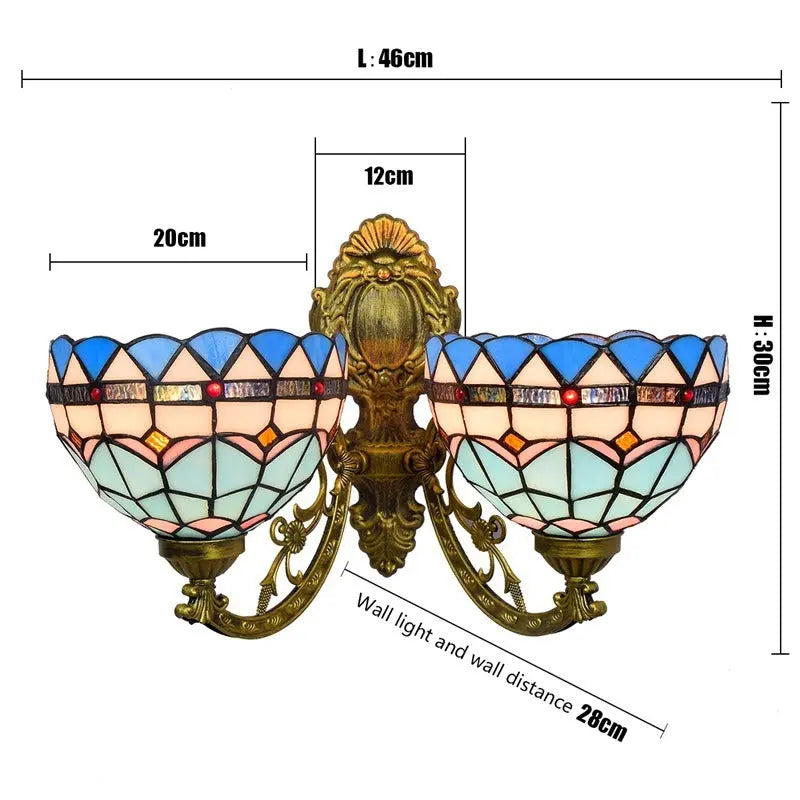 Stained Glass Blue Lampshade Double Head Wall Lamp Tiffany Wall Sconce - CTL