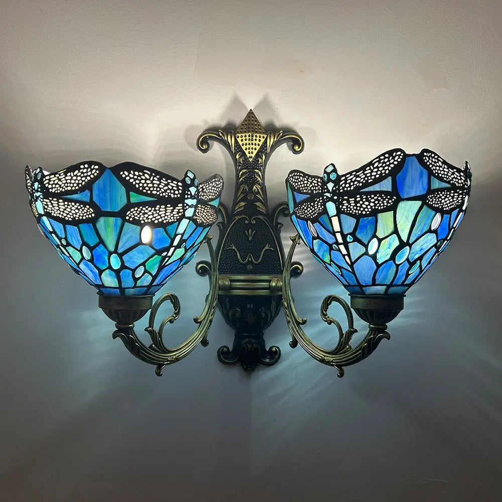 Two Light Sconce Stained Glass Dragonfly Lampshade Double Head Tiffany Wall Lamps - CTL